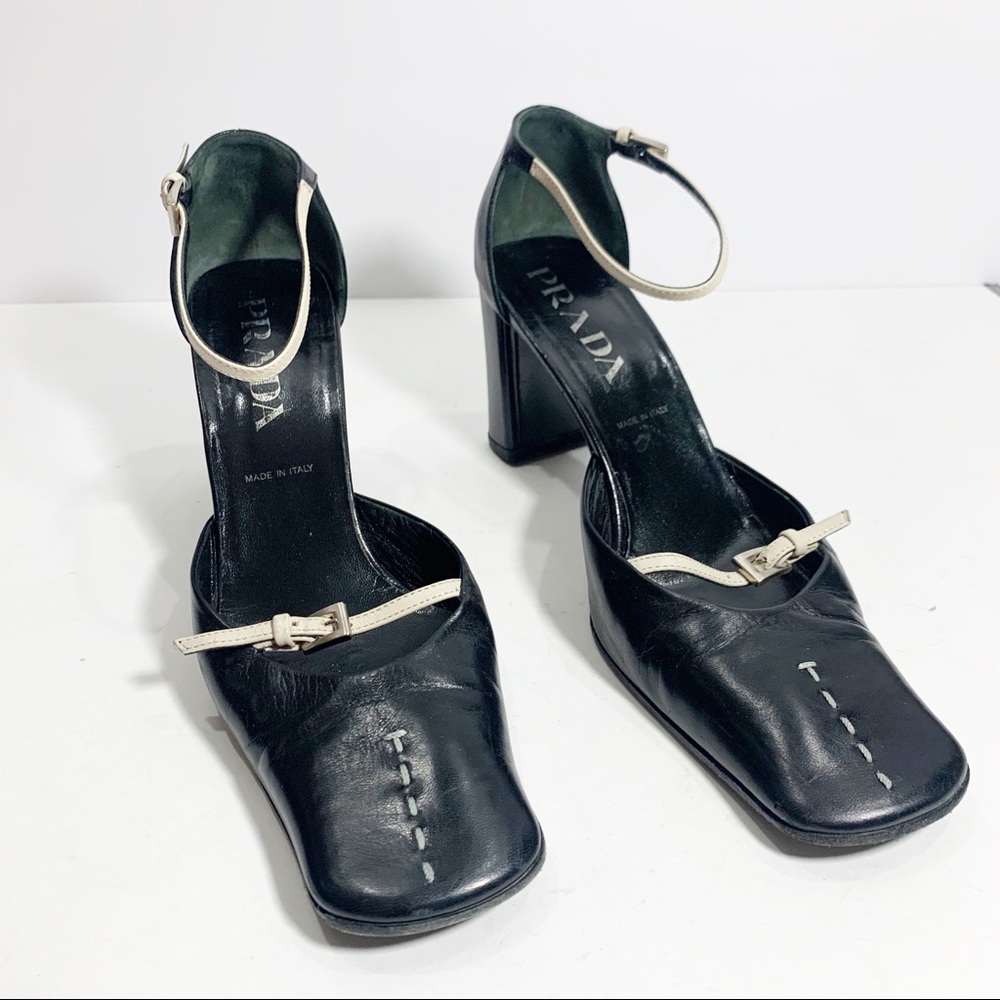 Prada Black Leather Square-Toe Ankle Strap Heels with Cream Accents